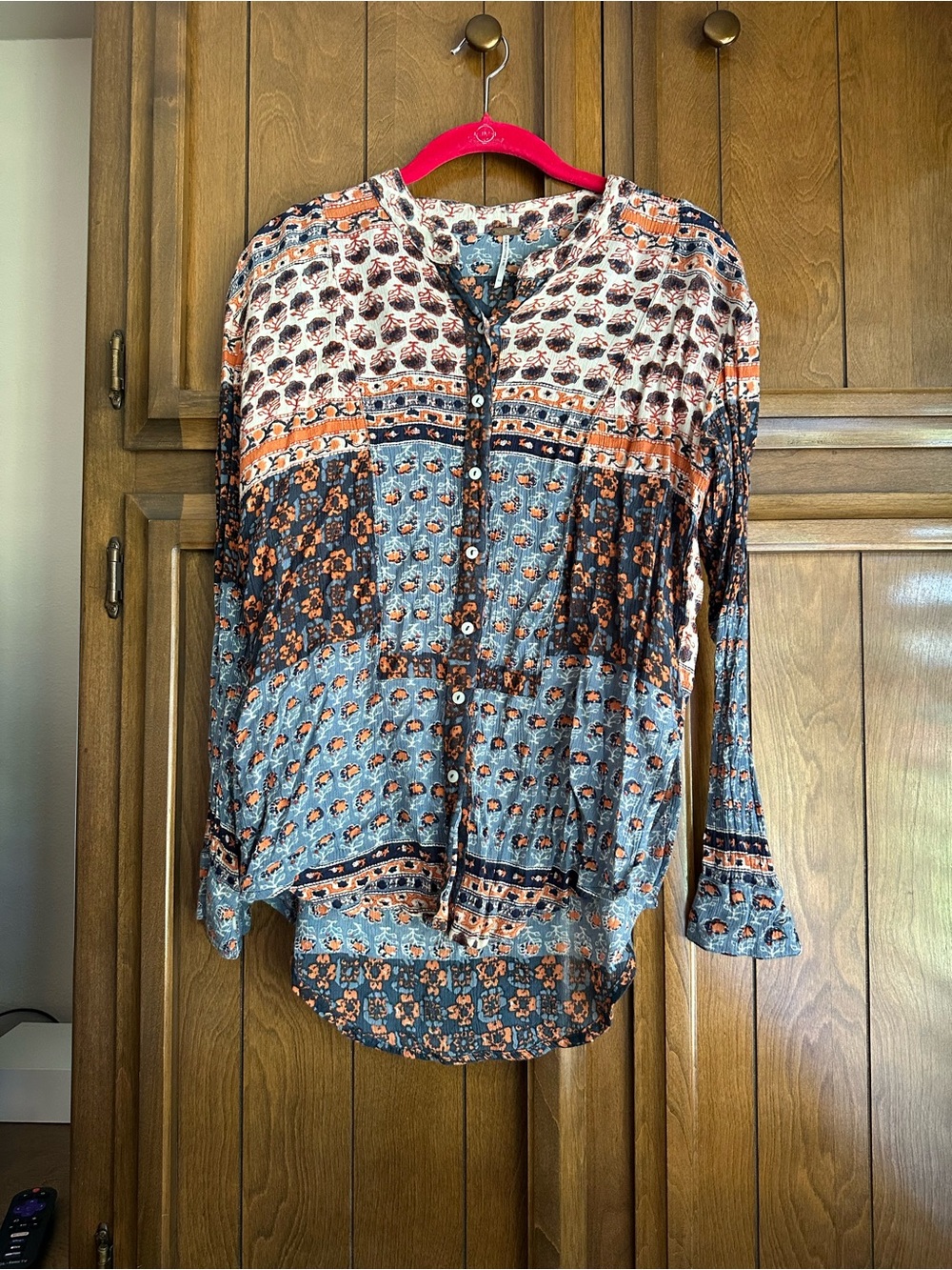 Free People Blue & Orange Patchwork Button-Down Blouse